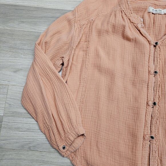 We The Free People Orange Cotton Distressed Blouse Size Small Oversized Button - Picture 3 of 10